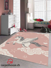 Lade das Bild in den Galerie-Viewer, Kinderteppich Einhorn Herzen Gestreift Mädchen