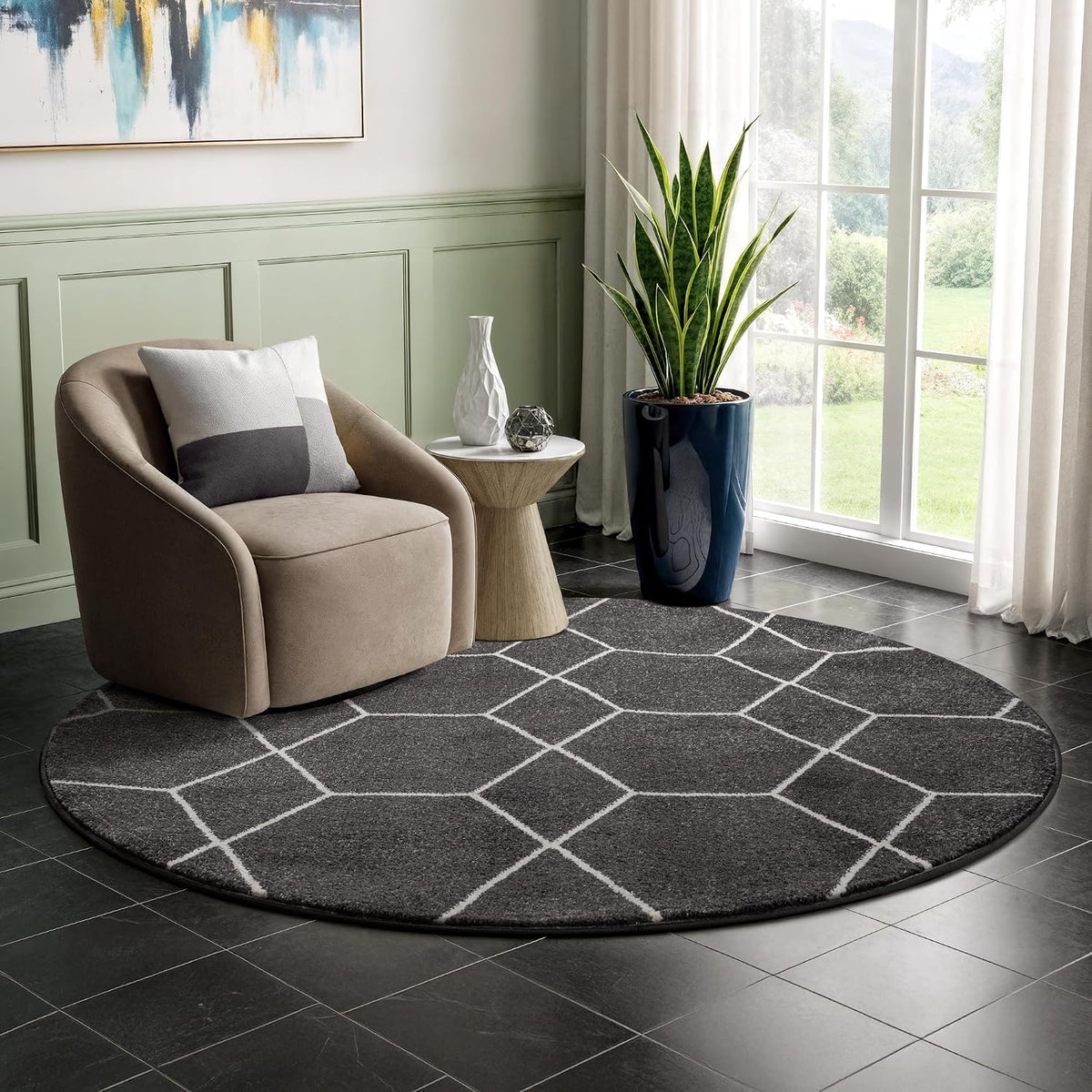Sanat Trellis – Kurzflor-Teppich Rund Dunkelgrau