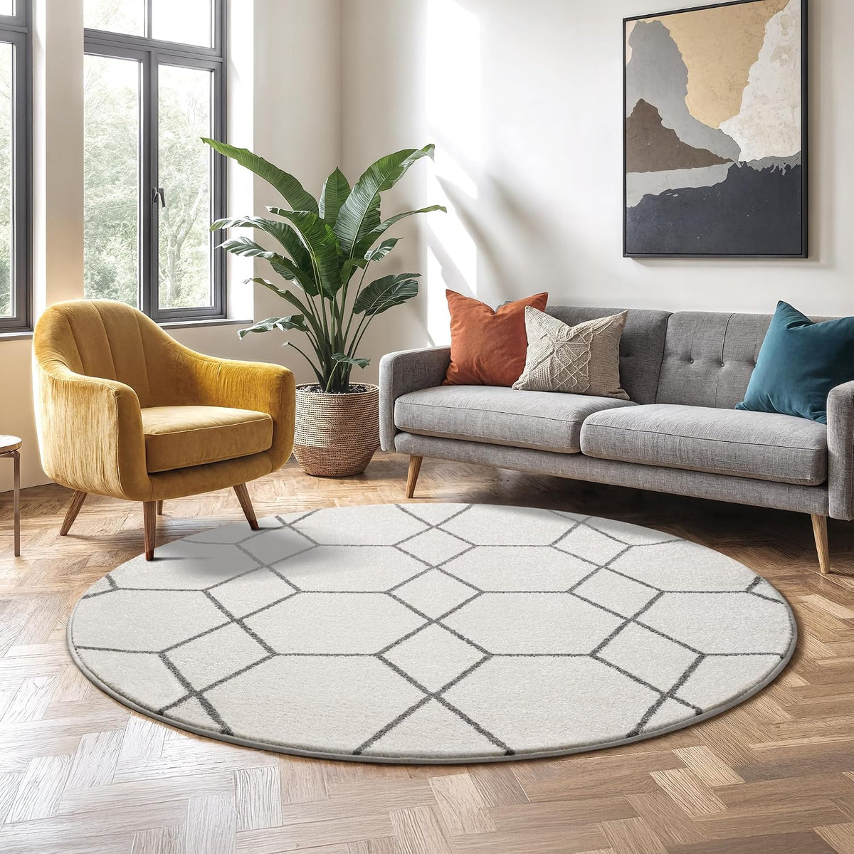 Sanat Trellis – Kurzflor-Teppich Rund Creme