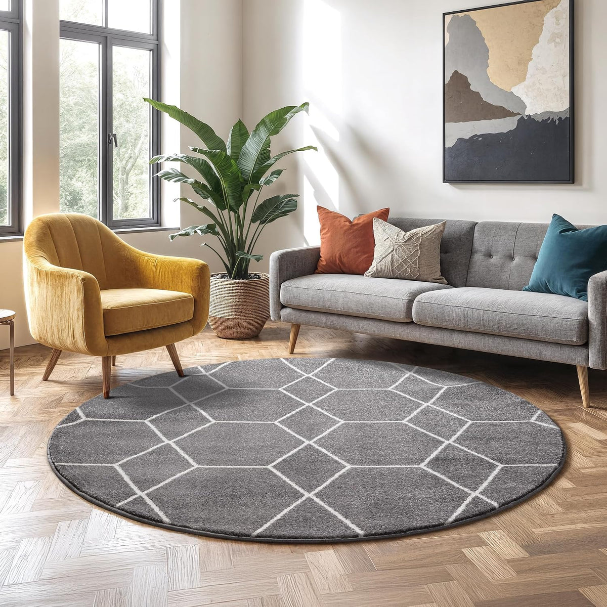 Sanat Trellis – Kurzflor-Teppich Rund Grau