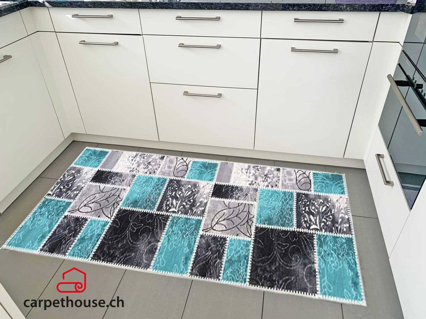 Waschbarer Küchenläufer Patchwork Türkis Grau