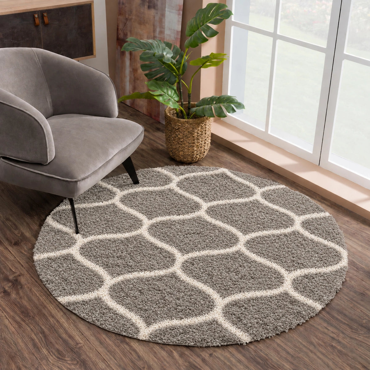 Madrid Hellgrau – Runder Hochflor Teppich