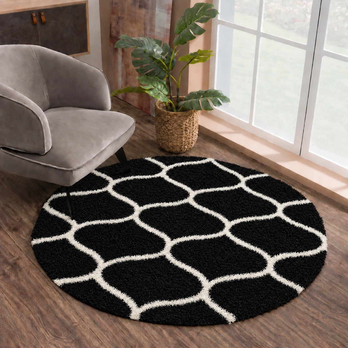 Madrid Schwarz – Runder Hochflor Teppich