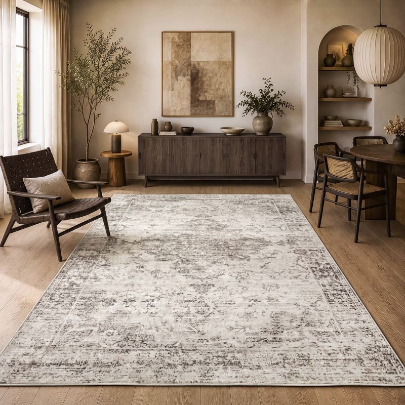 Aria Beige – Klassischer Vintage Teppich, waschbar