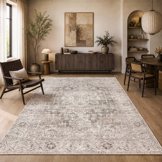 Aria Light Beige – Klassischer Vintage Teppich, waschbar
