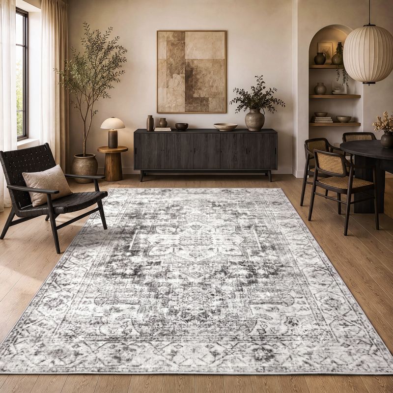 Aria Light Grau – Klassischer Vintage Teppich, waschbar