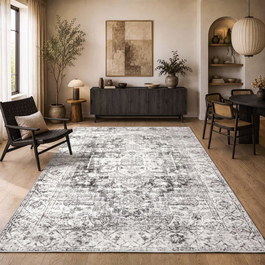 Aria Light Grau – Klassischer Vintage Teppich, waschbar