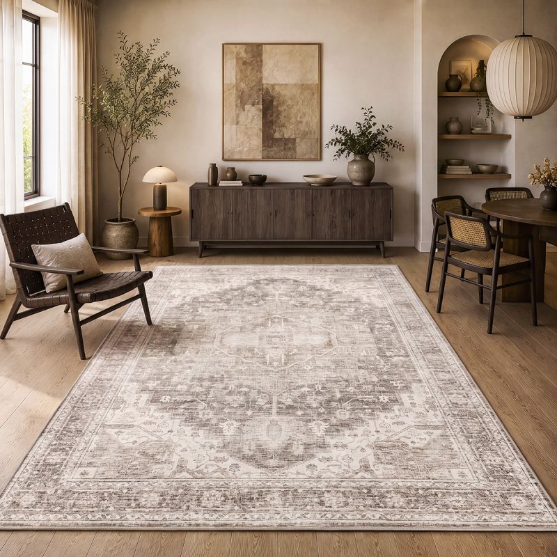 Aria Dunkelbeige – Klassischer Vintage Teppich, waschbar