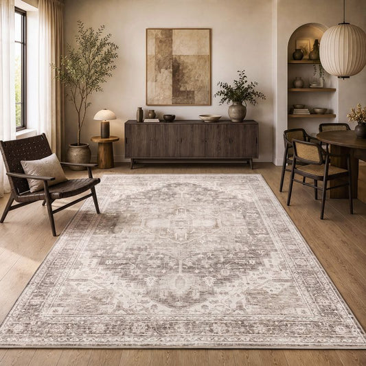 Aria Dunkelbeige – Klassischer Vintage Teppich, waschbar