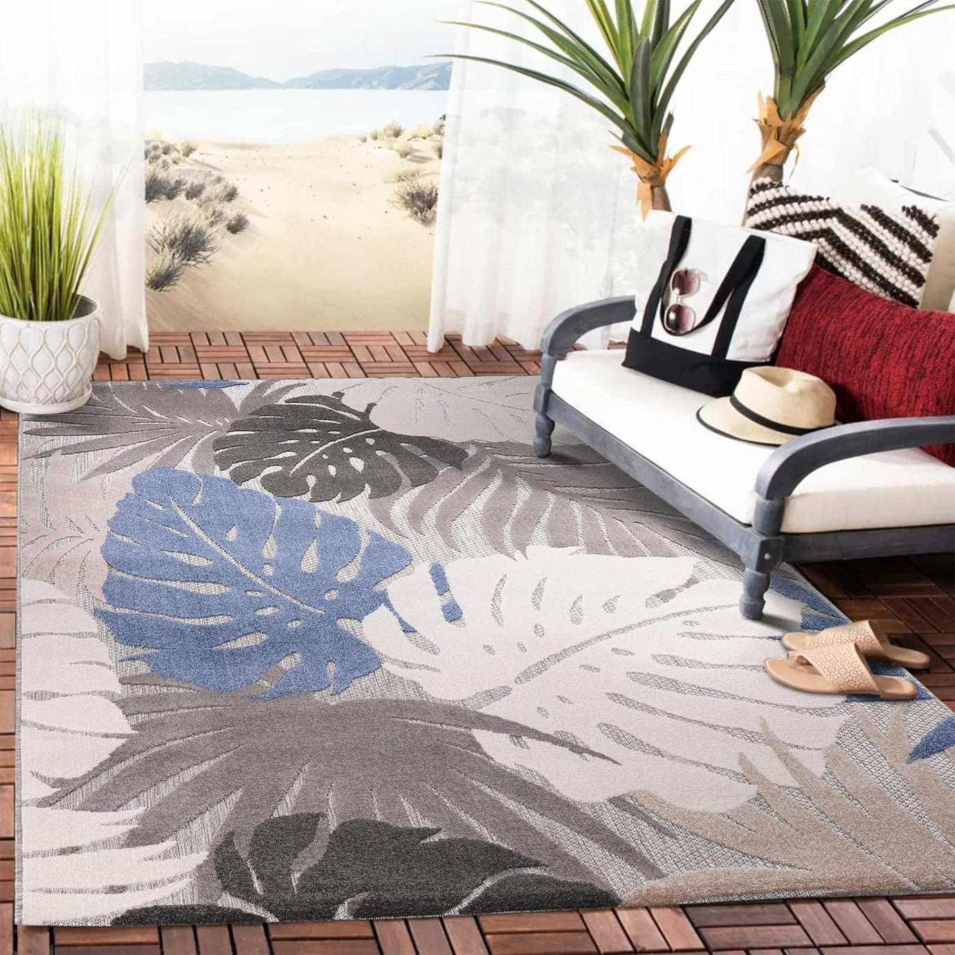 Floral Outdoor Teppich, Blau-Beige – Wetterfest, Wasserabweisend & Pflegeleicht | Balkon