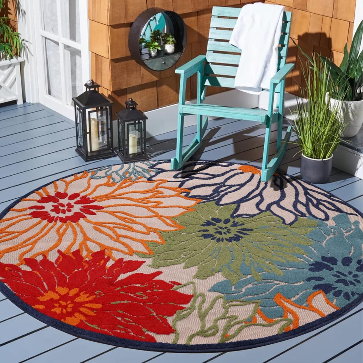 Floral Outdoor Teppich Rund, Multi – Wetterfest, Wasserabweisend & Pflegeleicht | Für Balkon, Terrasse & Garten