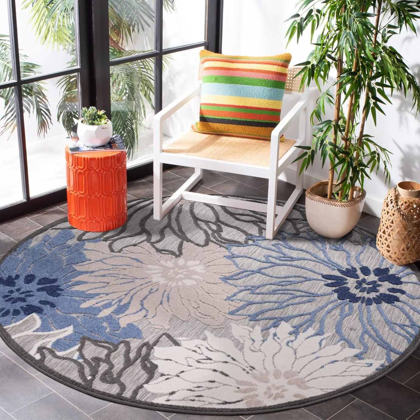 Floral Outdoor Teppich Rund, Gray-Blau – Wetterfest, Wasserabweisend & Pflegeleicht | Für Balkon, Terrasse & Garten