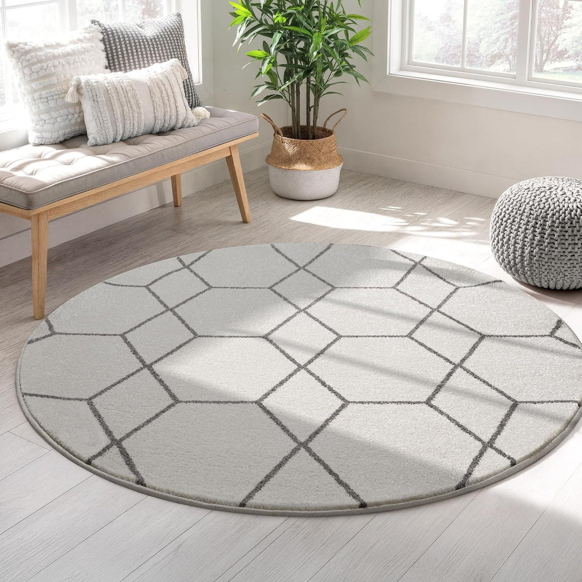 Sanat Trellis – Kurzflor-Teppich Rund Creme