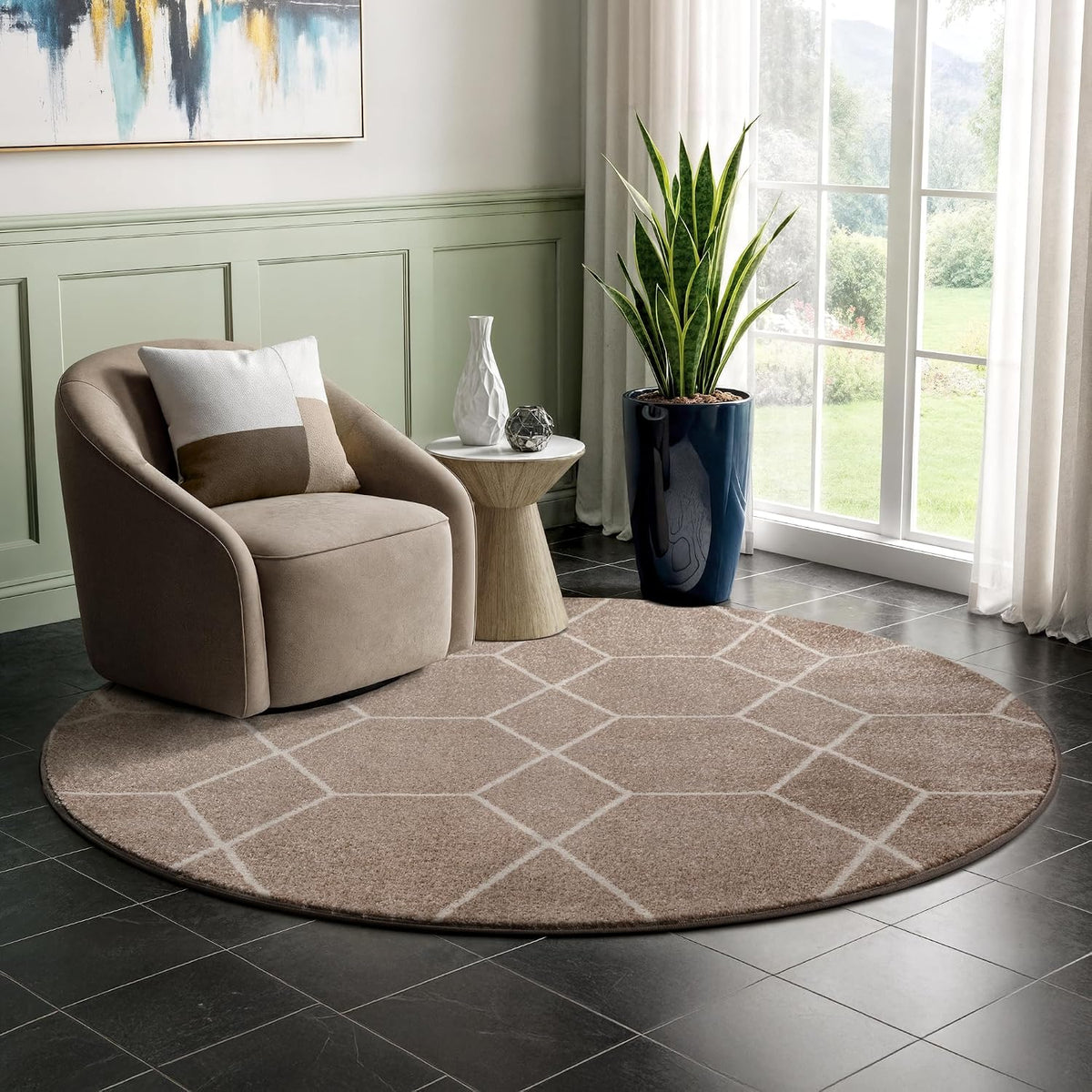 Sanat Trellis – Kurzflor-Teppich Rund Beige