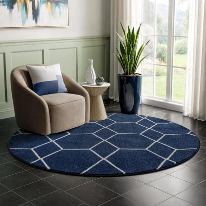 Sanat Trellis – Kurzflor-Teppich Rund Marineblau