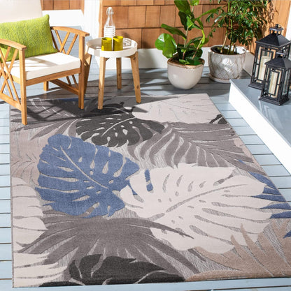 Floral Outdoor Teppich, Blau-Beige – Wetterfest, Wasserabweisend & Pflegeleicht | Balkon