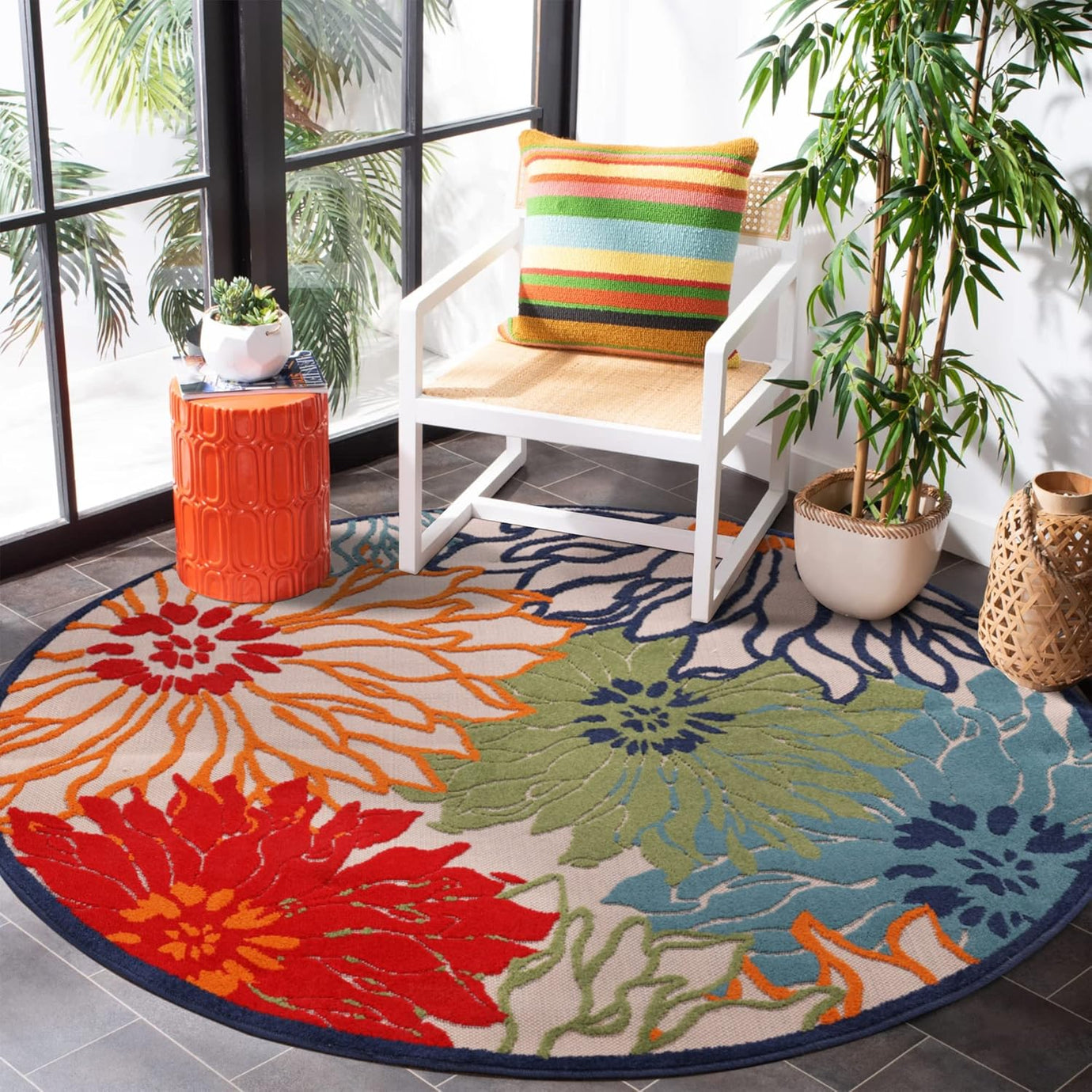 Floral Outdoor Teppich Rund, Multi – Wetterfest, Wasserabweisend & Pflegeleicht | Für Balkon, Terrasse & Garten