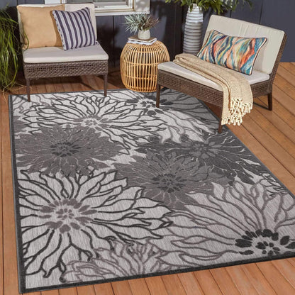 Floral Outdoor Teppich, Gray – Wetterfest, Wasserabweisend & Pflegeleicht | Balkon, Terrasse & Garten