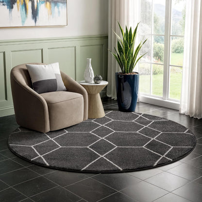 Sanat Trellis – Kurzflor-Teppich Rund Dunkelgrau
