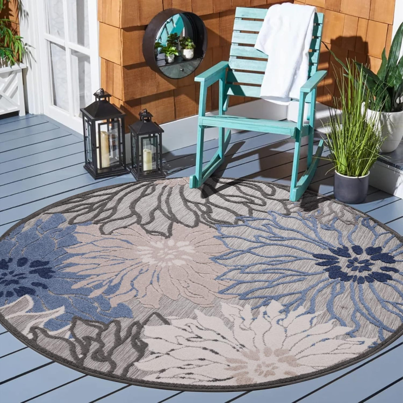Floral Outdoor Teppich Rund, Gray-Blau – Wetterfest, Wasserabweisend & Pflegeleicht | Für Balkon, Terrasse & Garten