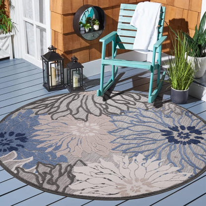 Floral Outdoor Teppich Rund, Gray-Blau – Wetterfest, Wasserabweisend & Pflegeleicht | Für Balkon, Terrasse & Garten