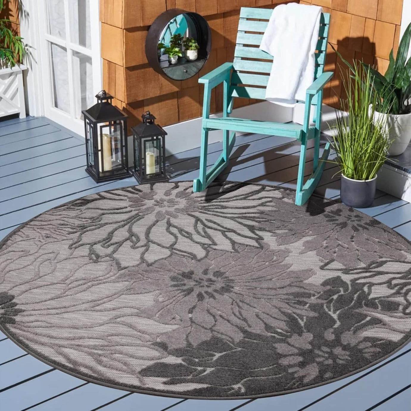 Floral Outdoor Teppich Rund, Gray – Wetterfest, Wasserabweisend & Pflegeleicht | Für Balkon, Terrasse & Garten