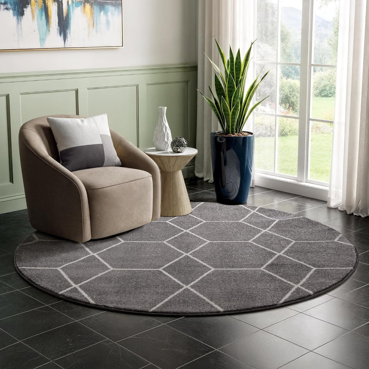 Sanat Trellis – Kurzflor-Teppich Rund Grau