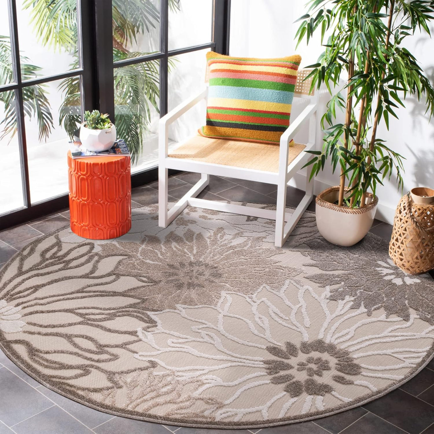Floral Outdoor Teppich Rund, Creme– Wetterfest, Wasserabweisend & Pflegeleicht | Für Balkon, Terrasse & Garten