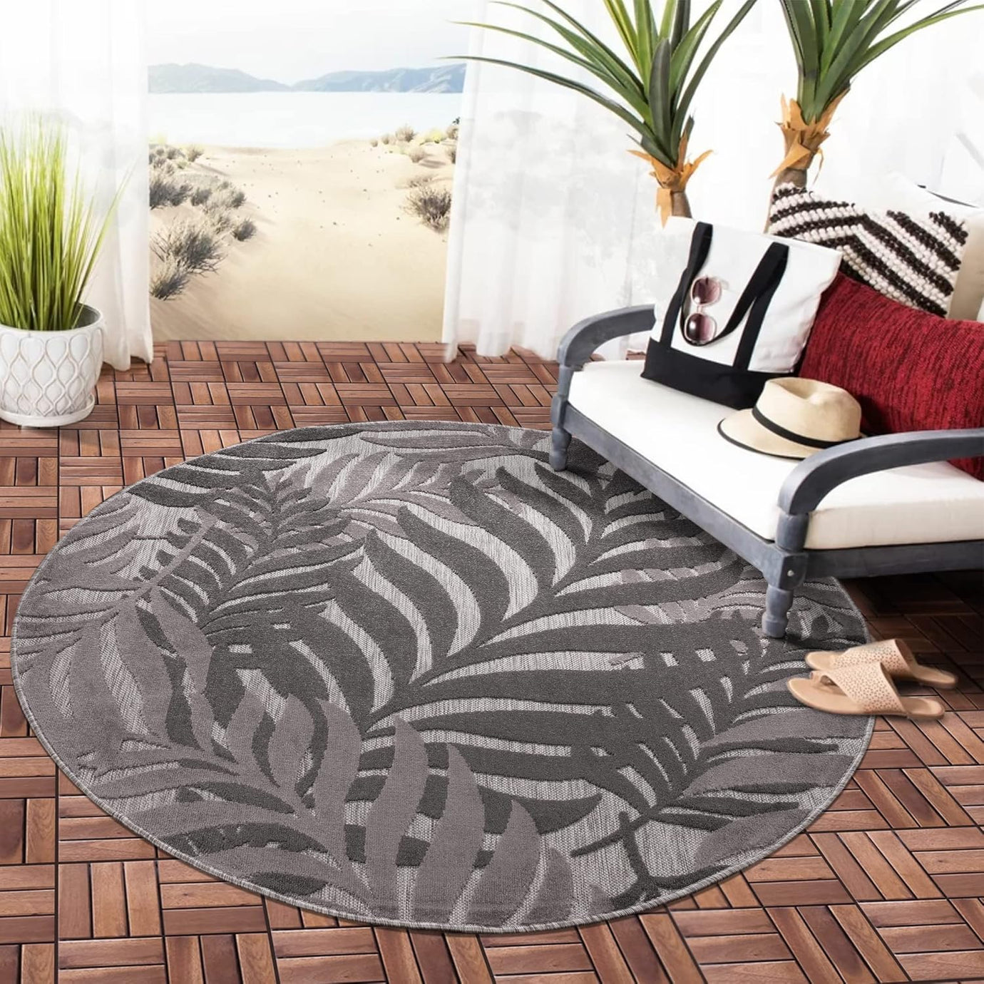 Floral Outdoor Teppich Rund, Gray – Wetterfest, Wasserabweisend & Pflegeleicht | Balkon, Terrasse & Garten