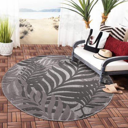 Floral Outdoor Teppich Rund, Gray – Wetterfest, Wasserabweisend & Pflegeleicht | Balkon, Terrasse & Garten