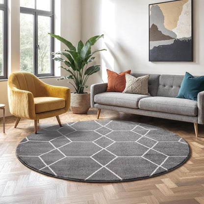 Sanat Trellis – Kurzflor-Teppich Rund Grau