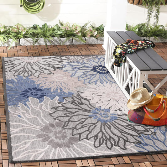 Floral Outdoor Teppich, Gray-Blau – Wetterfest, Wasserabweisend & Pflegeleicht | Balkon, Terrasse & Garten