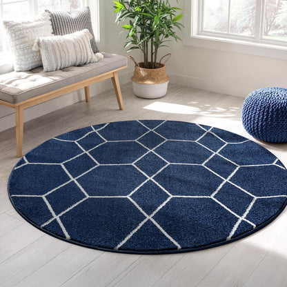 Sanat Trellis – Kurzflor-Teppich Rund Marineblau