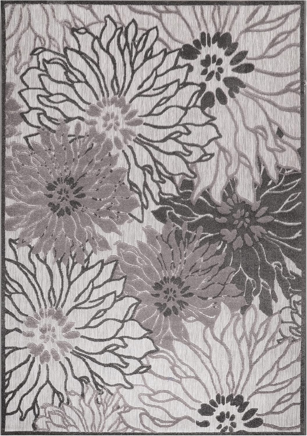 Floral Outdoor Teppich, Gray – Wetterfest, Wasserabweisend & Pflegeleicht | Balkon, Terrasse & Garten