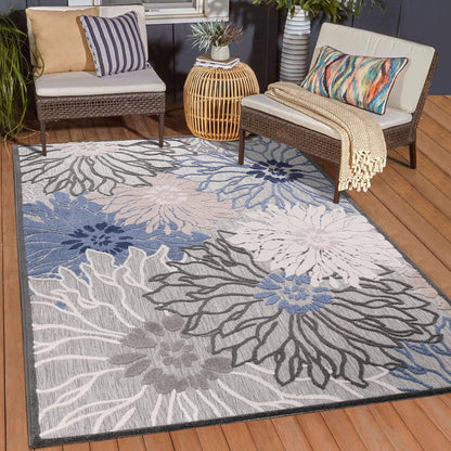 Floral Outdoor Teppich, Gray-Blau – Wetterfest, Wasserabweisend & Pflegeleicht | Balkon, Terrasse & Garten