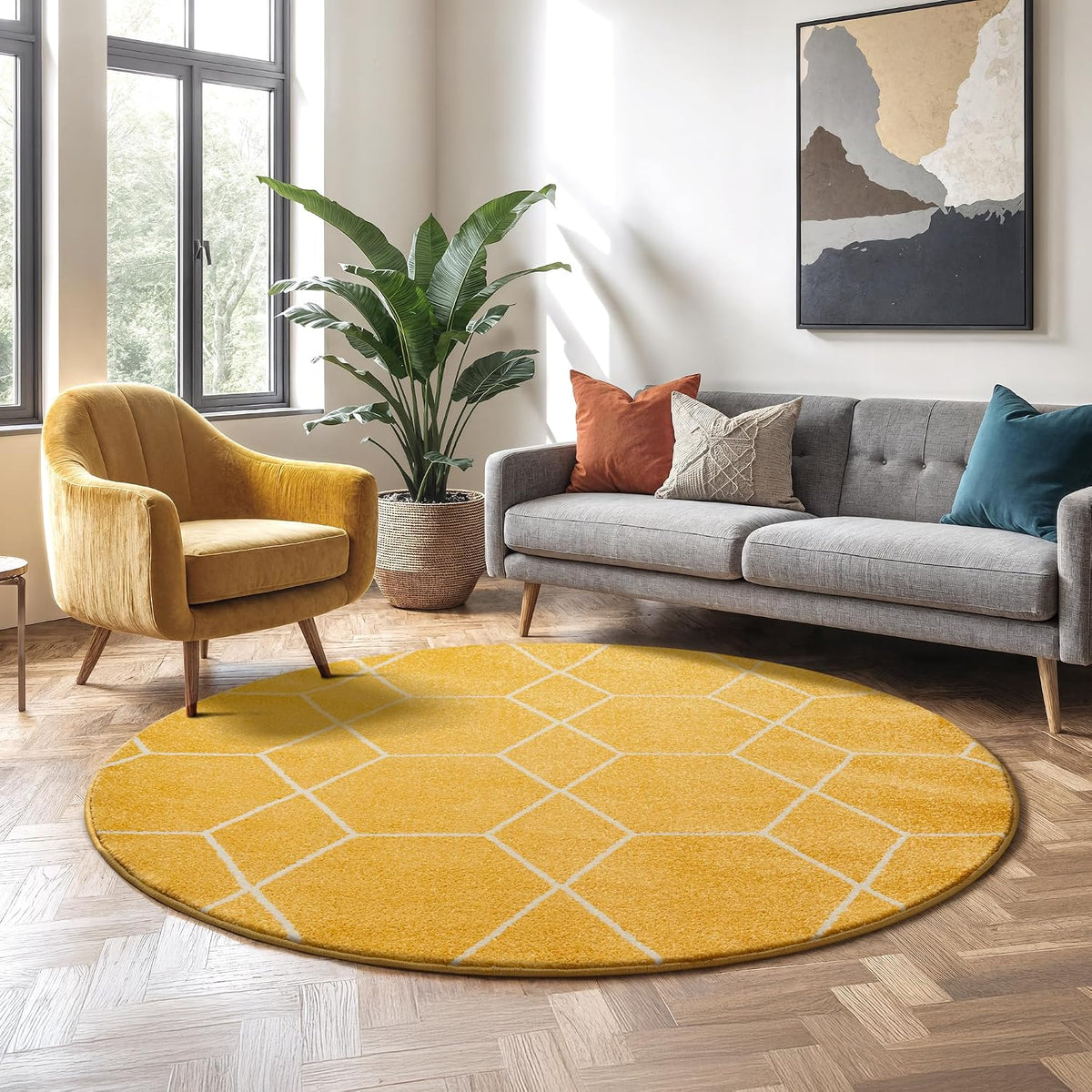 Sanat Trellis – Kurzflor-Teppich Rund Gelb