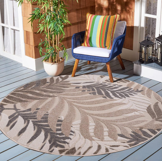 Floral Outdoor Teppich Rund, Creme– Wetterfest, Wasserabweisend & Pflegeleicht | Für Balkon, Terrasse & Garten