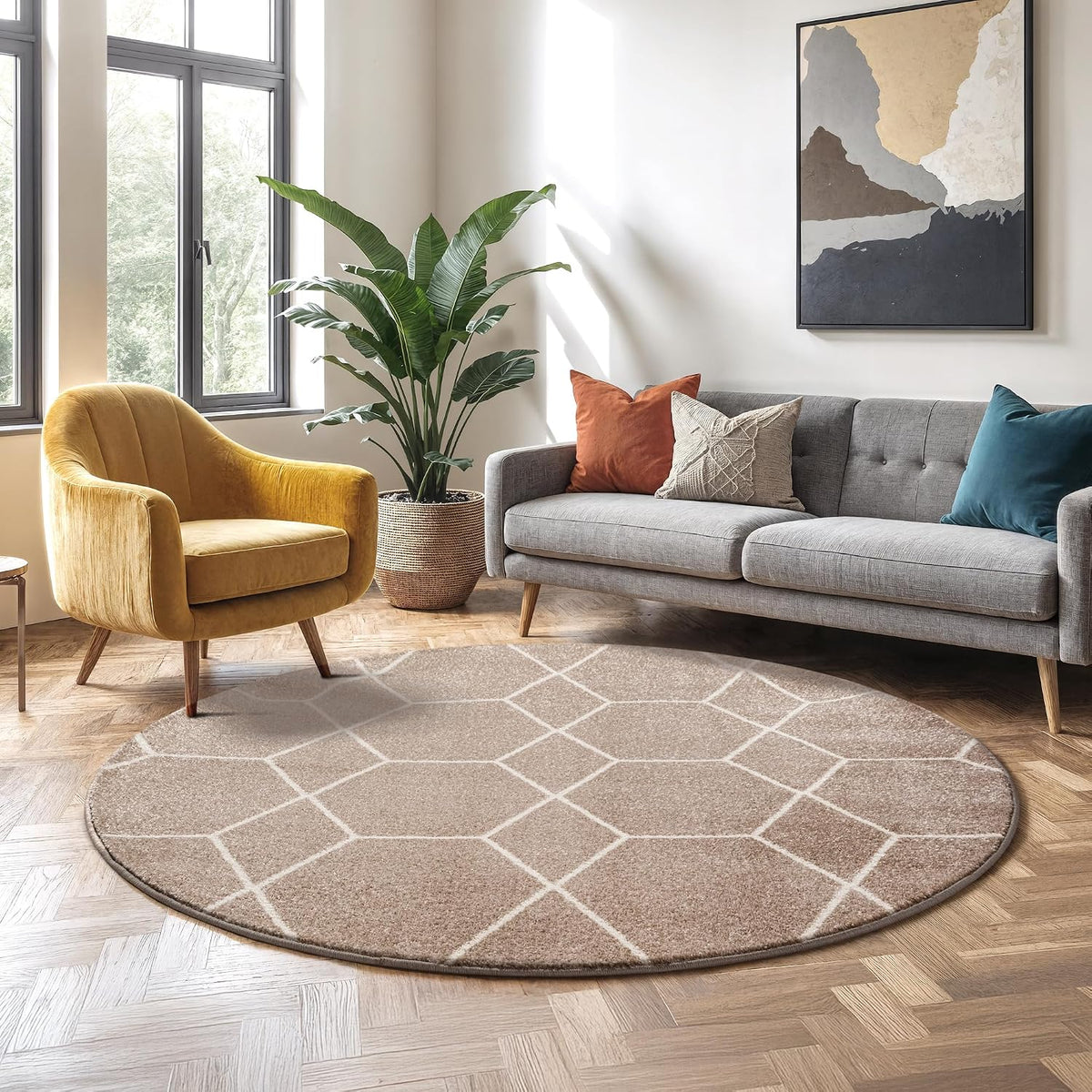 Sanat Trellis – Kurzflor-Teppich Rund Beige