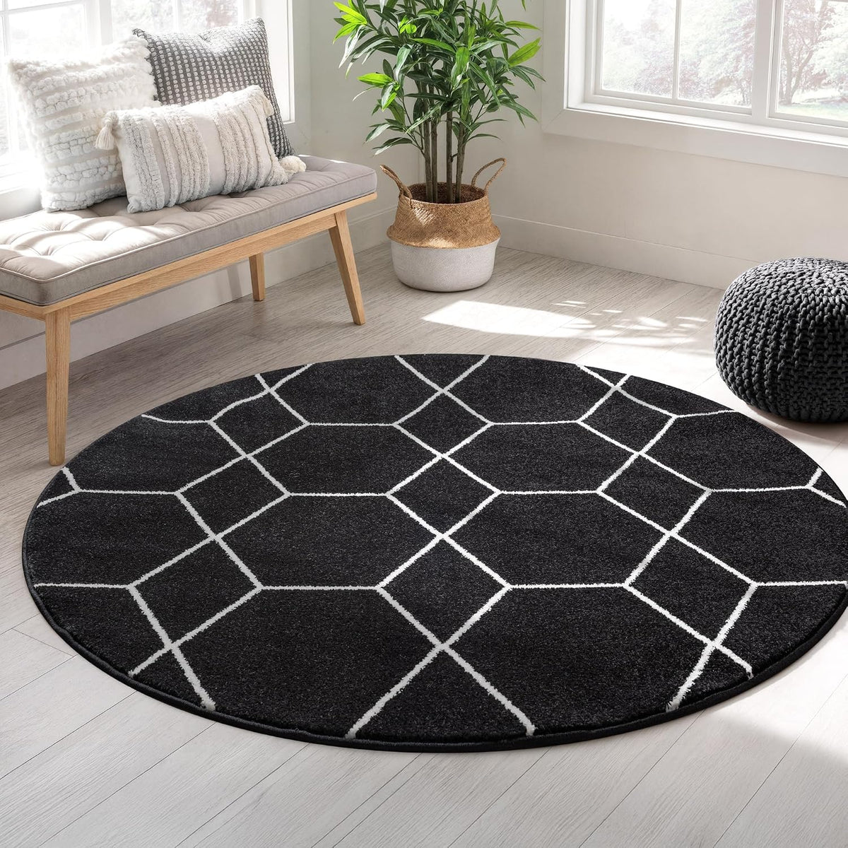 Sanat Trellis – Kurzflor-Teppich Rund Schwarz
