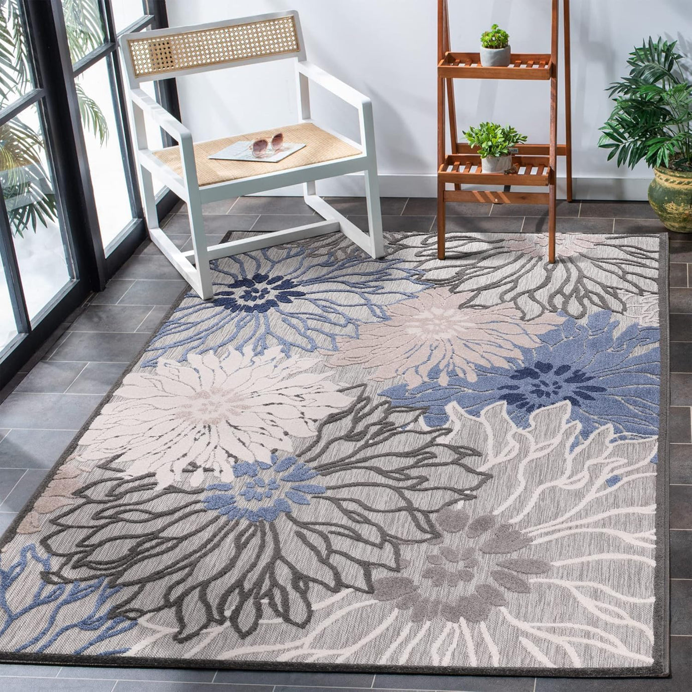 Floral Outdoor Teppich, Gray-Blau – Wetterfest, Wasserabweisend & Pflegeleicht | Balkon, Terrasse & Garten