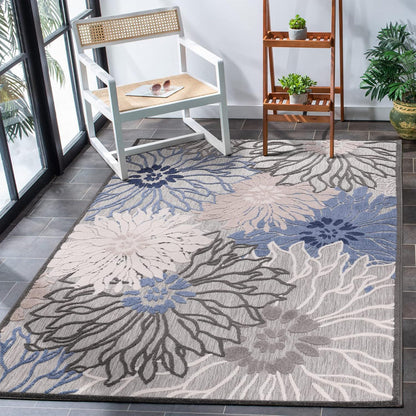 Floral Outdoor Teppich, Gray-Blau – Wetterfest, Wasserabweisend & Pflegeleicht | Balkon, Terrasse & Garten