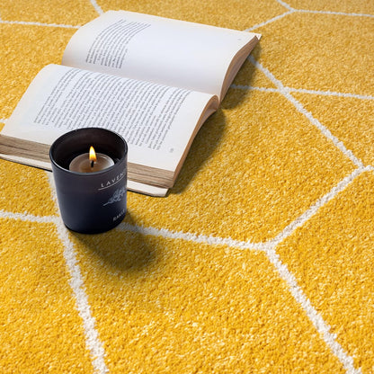 Sanat Trellis – Kurzflor-Teppich Rund Gelb
