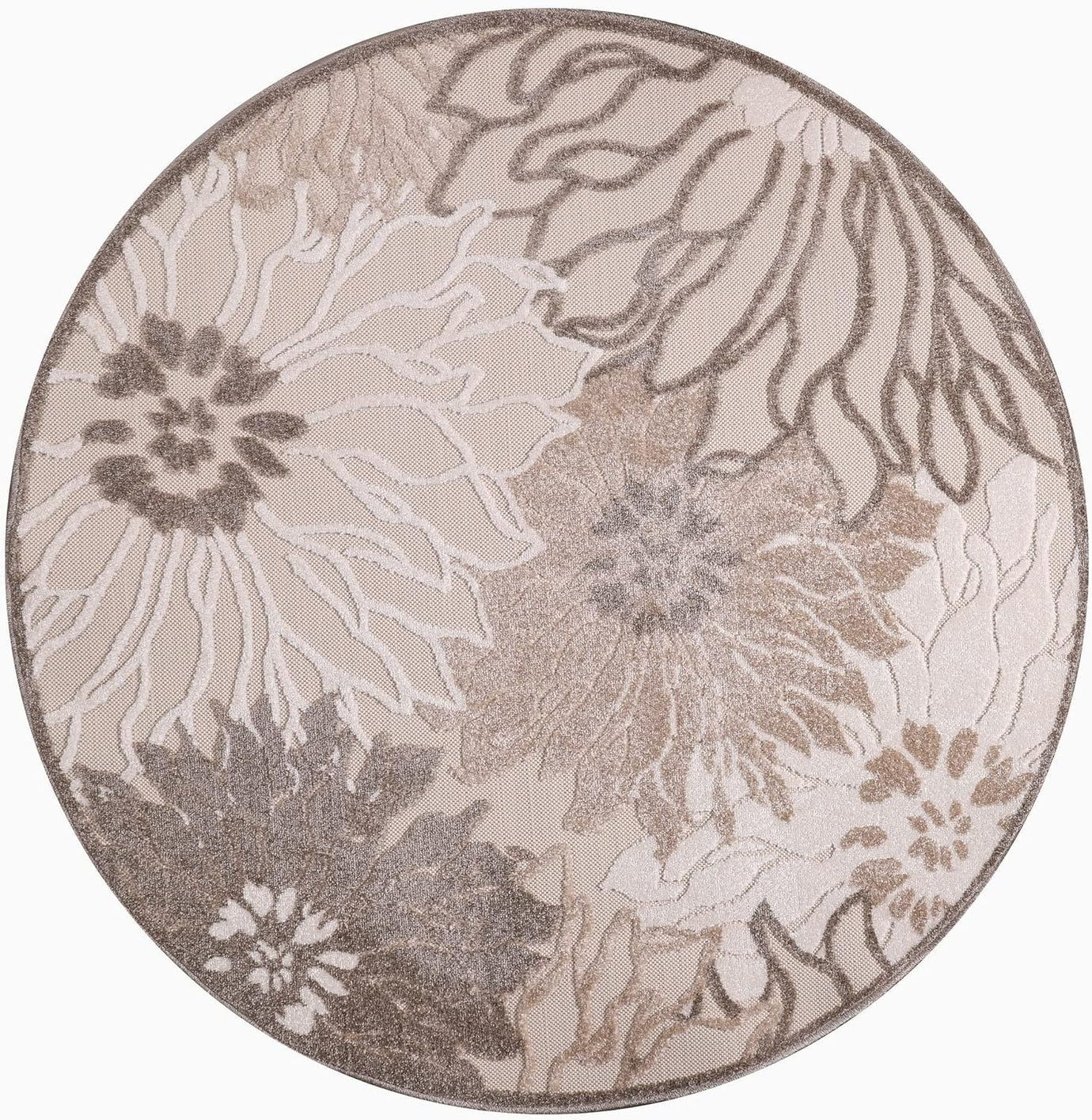 Floral Outdoor Teppich Rund, Creme– Wetterfest, Wasserabweisend & Pflegeleicht | Für Balkon, Terrasse & Garten