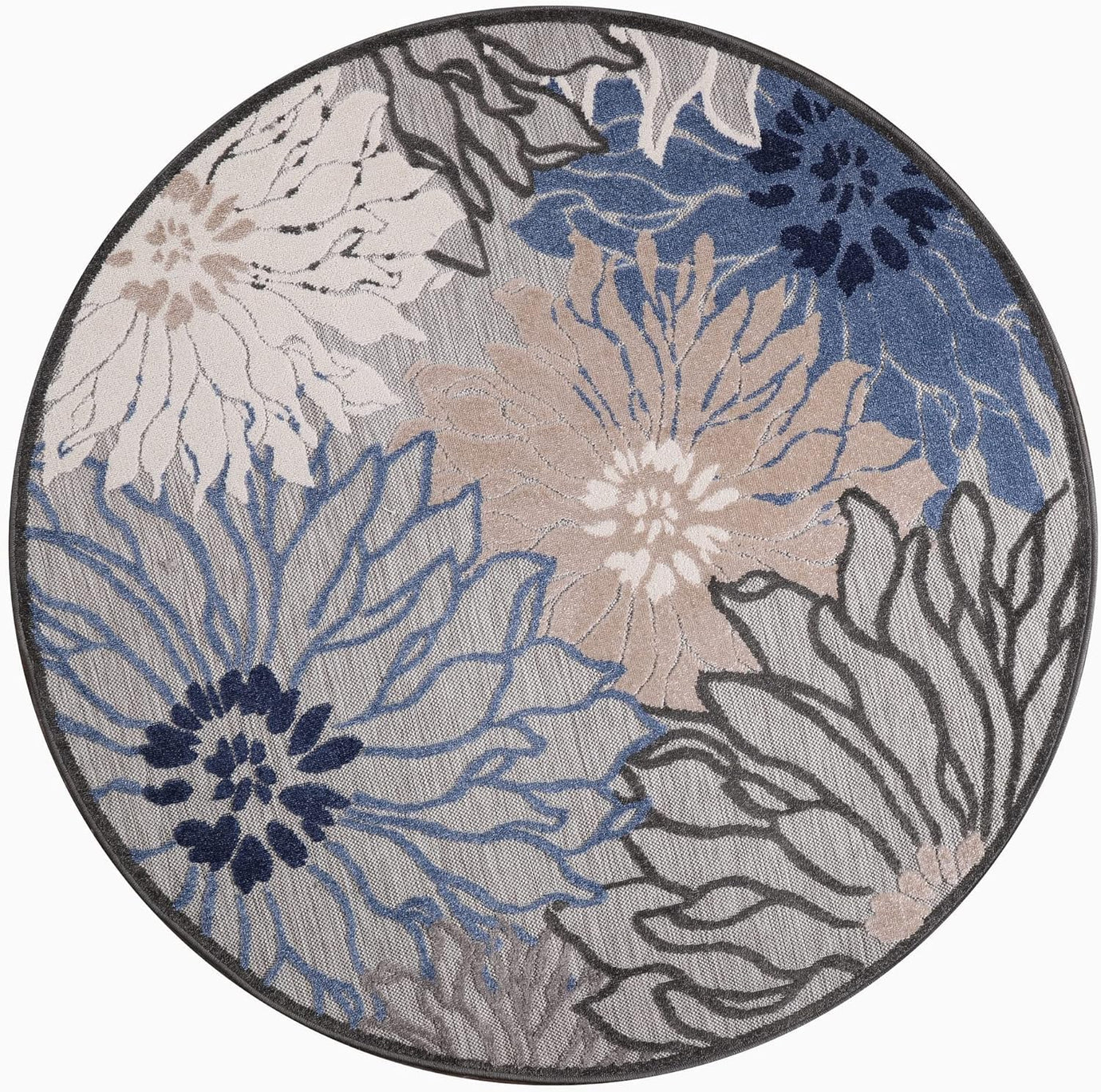 Floral Outdoor Teppich Rund, Gray-Blau – Wetterfest, Wasserabweisend & Pflegeleicht | Für Balkon, Terrasse & Garten