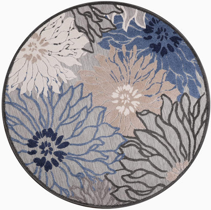 Floral Outdoor Teppich Rund, Gray-Blau – Wetterfest, Wasserabweisend & Pflegeleicht | Für Balkon, Terrasse & Garten