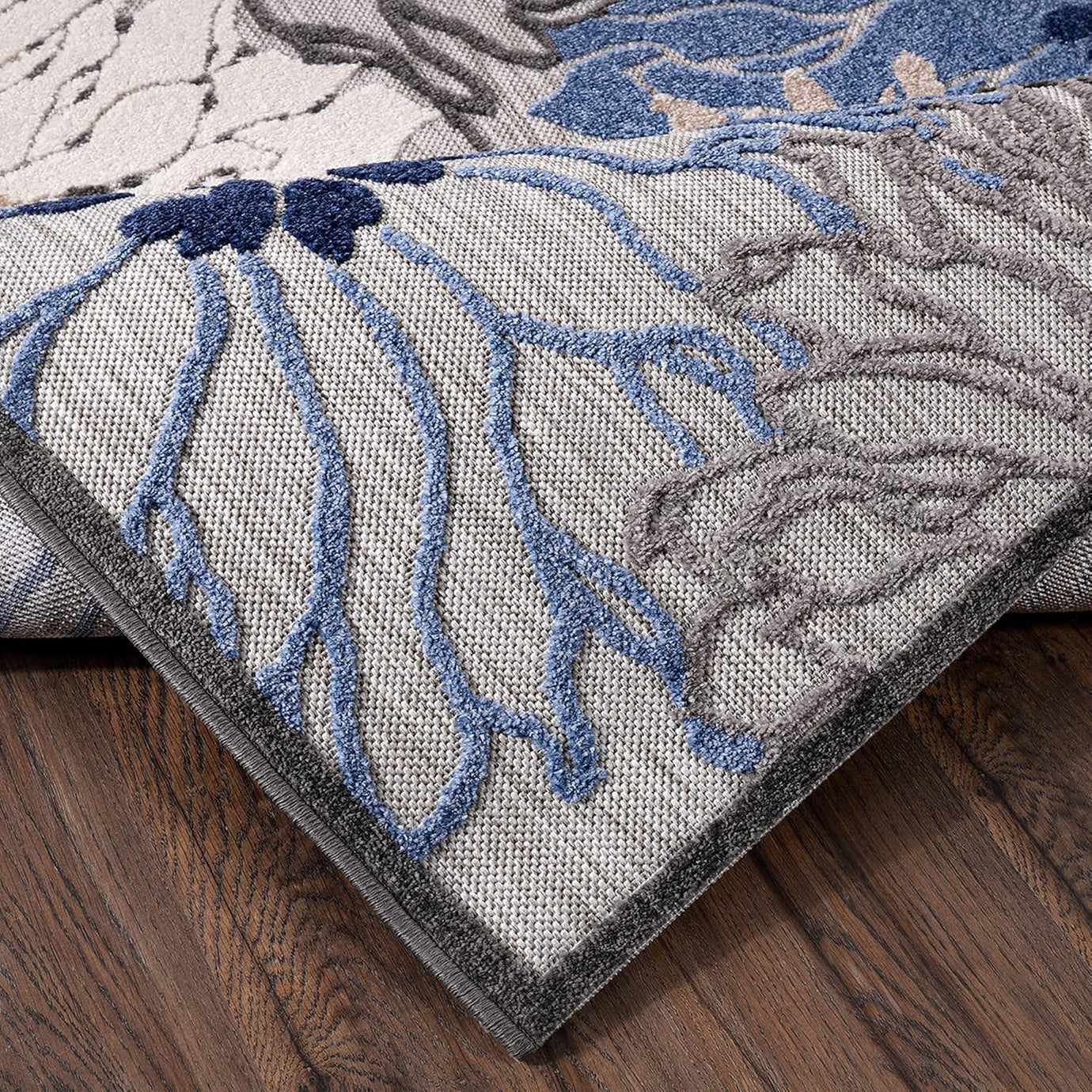 Floral Outdoor Teppich, Gray-Blau – Wetterfest, Wasserabweisend & Pflegeleicht | Balkon, Terrasse & Garten