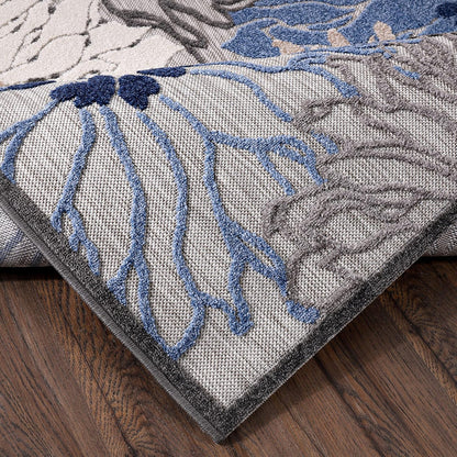 Floral Outdoor Teppich, Gray-Blau – Wetterfest, Wasserabweisend & Pflegeleicht | Balkon, Terrasse & Garten