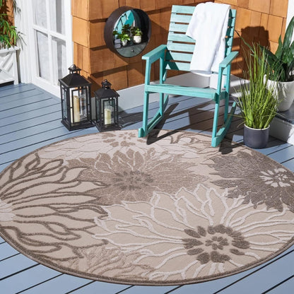 Floral Outdoor Teppich Rund, Creme– Wetterfest, Wasserabweisend & Pflegeleicht | Für Balkon, Terrasse & Garten