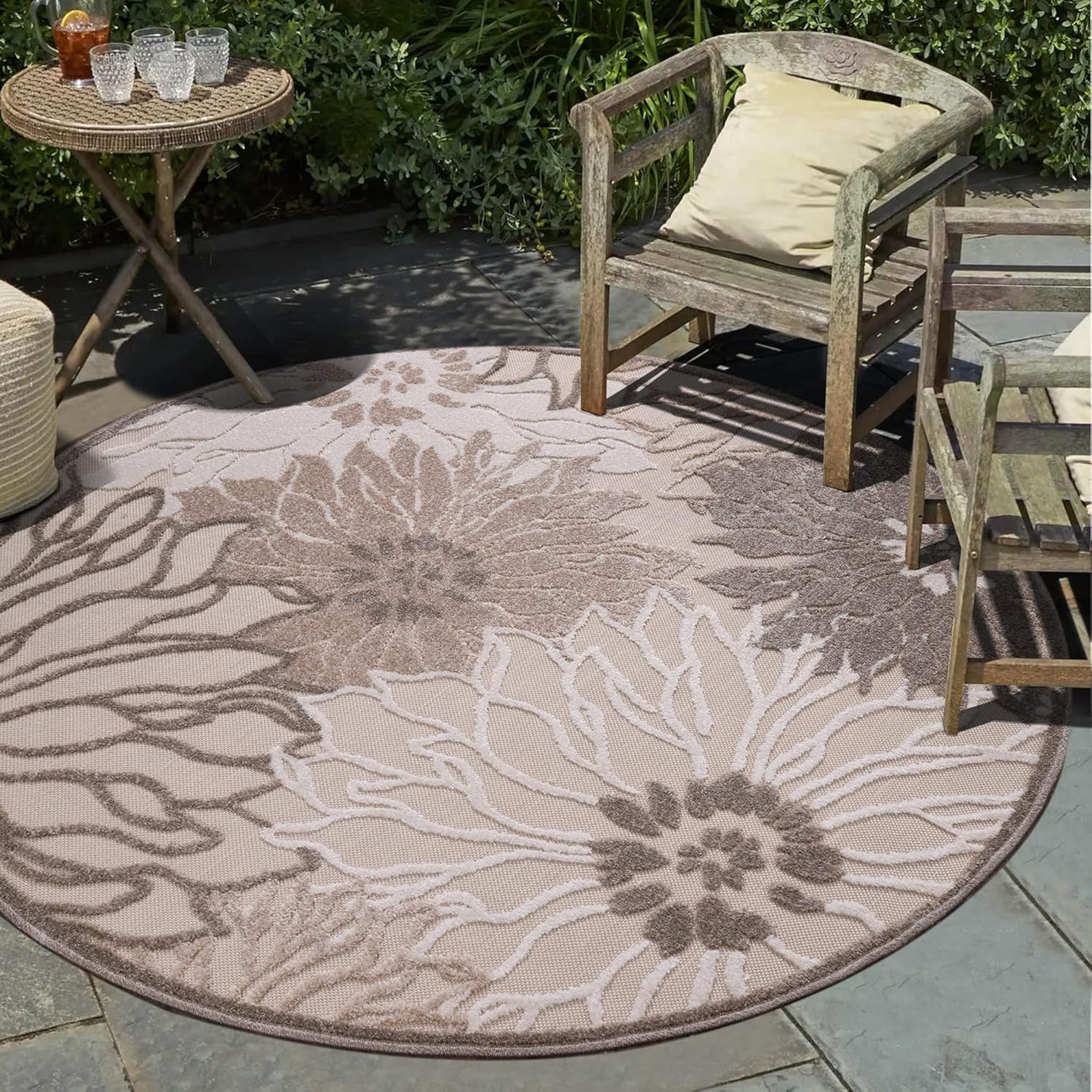 Floral Outdoor Teppich Rund, Creme– Wetterfest, Wasserabweisend & Pflegeleicht | Für Balkon, Terrasse & Garten