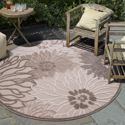 Floral Outdoor Teppich Rund, Creme– Wetterfest, Wasserabweisend & Pflegeleicht | Für Balkon, Terrasse & Garten